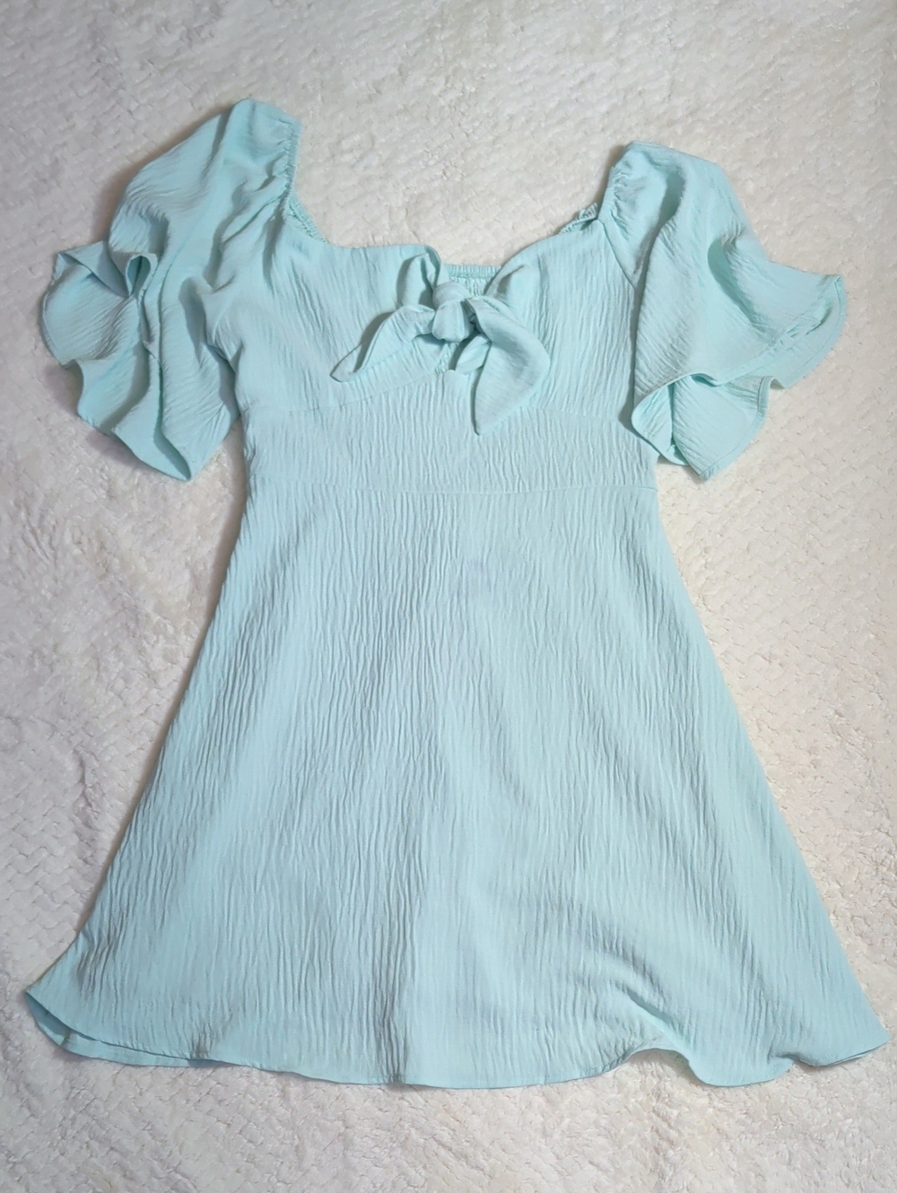 Light Aqua Ruffle Sleeve Tie-Front Mini Dress